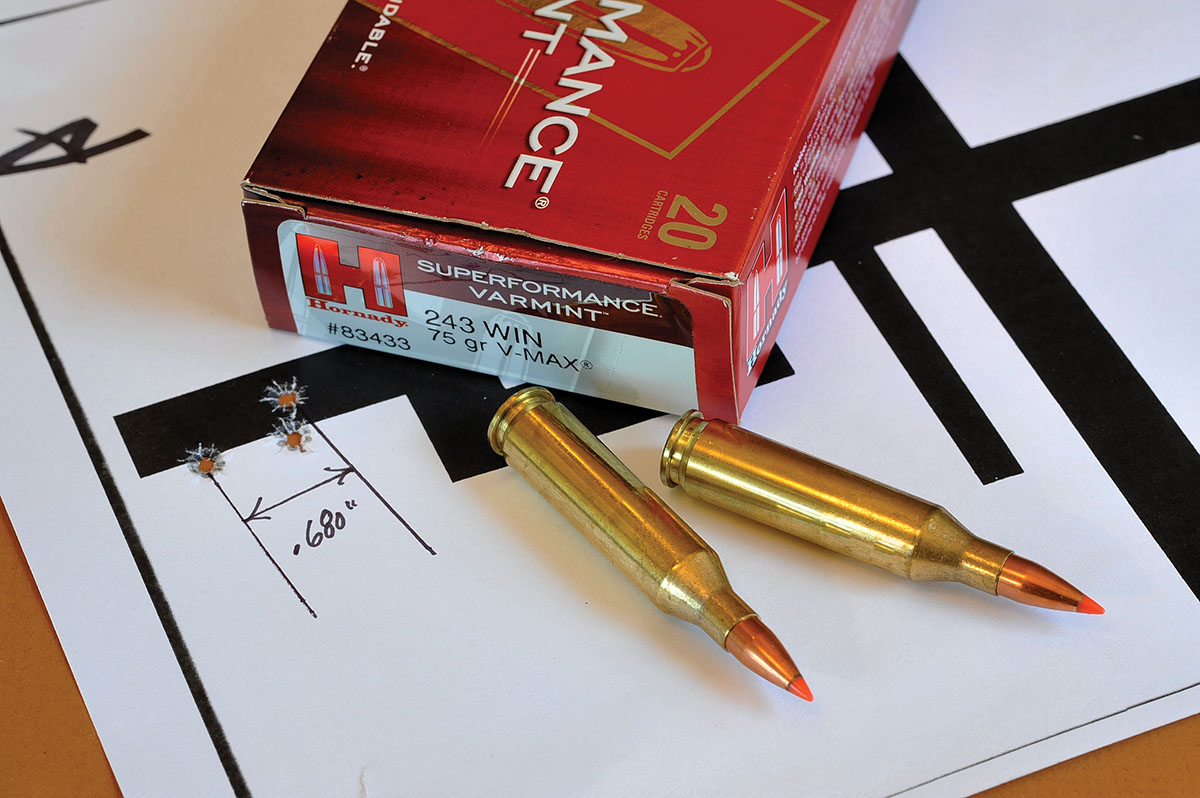 Today, factory ammunition rates high on the accuracy list. This group with the lighter 75-grain bullet shows a good choice out to 100 yards with this Hornady selection.